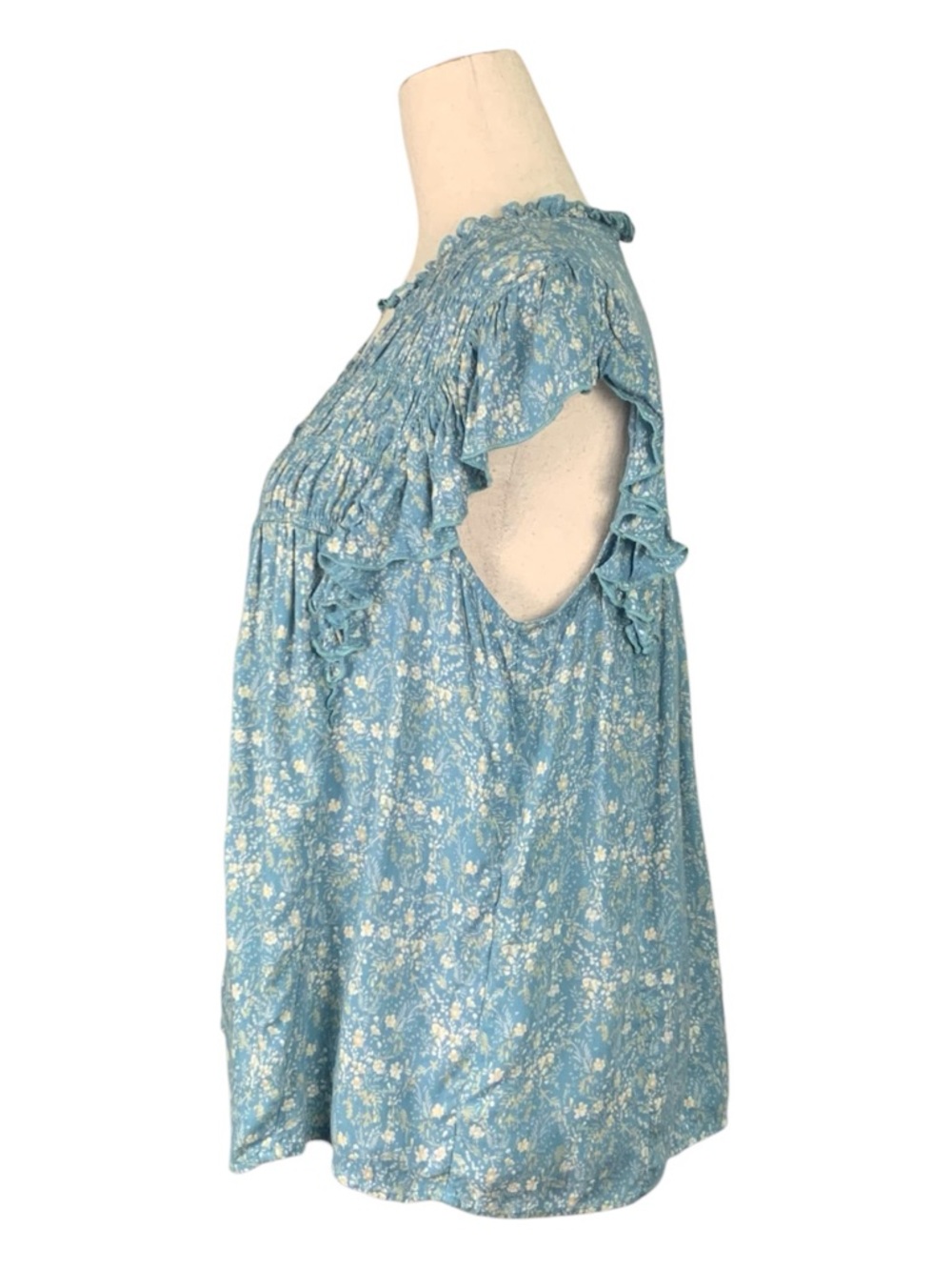 Lucky Brand Teal Boho Floral Smocked V-Neck Top‎ Peasant Blouse Coquette Large - Picture 3 of 11